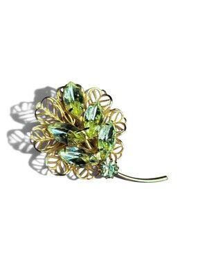 Vintage Peridot Green Rhinestone Filigree Flower Brooch
